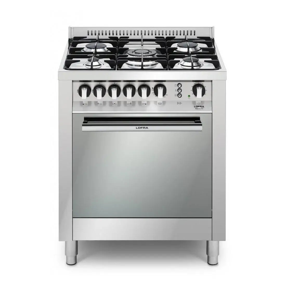 Fogão Lofra New Maxima 5 Bocas inox, forno a gás ventilado de 72 litros e queimadores profissionais.